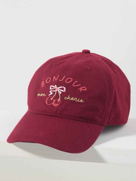 Anthropologie Accessories - Anthropologie Fall Icon Baseball Cap Bonjour Red Mon Cherie Cherry Size ALL NWT
